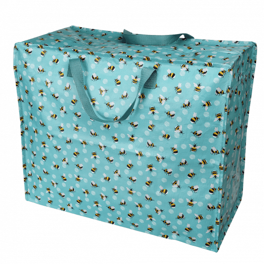 Recycled plastic jumbo storage bag in turquoise with print of bumblebees