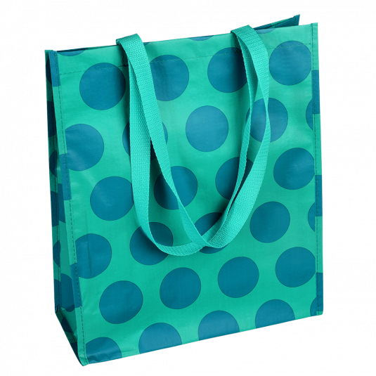 Recycled plastic shopping bag in turquoise with blue spots