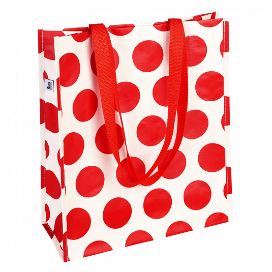 Recycled plastic shopping bag in cream with red spots