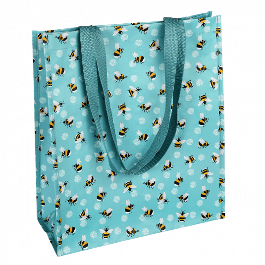 Recycled plastic shopping bag in turquoise with print of bumblebees