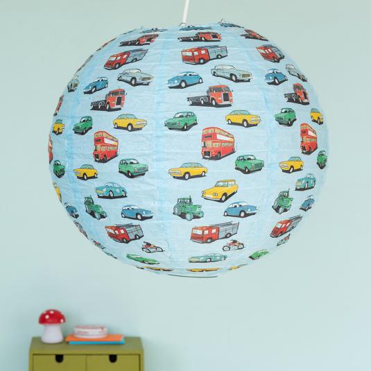 Sky blue paper lampshade with classic car vehicle decoration installed in room