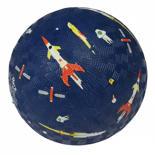 Navy blue inflatable rubber ball with space themed print