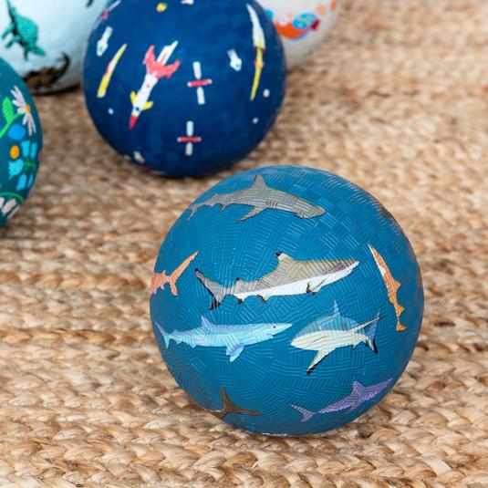 Dark blue inflatable play ball with sharks print