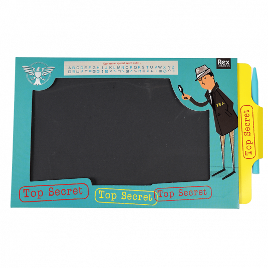 Magic Slate toy in turquoise with secret agent design