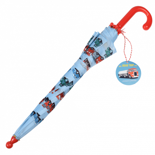 Children's umbrella in light blue with red handle with vintage vehicles print closed