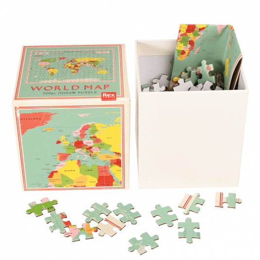 World Map puzzle pieces and guide sheet in box