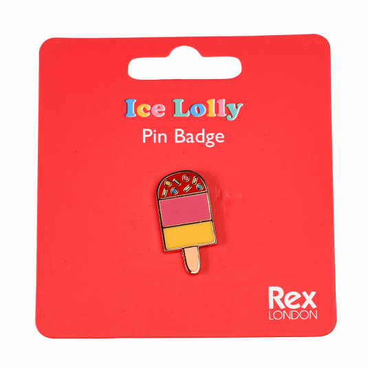 Ice lolly pin badge attached to packaging