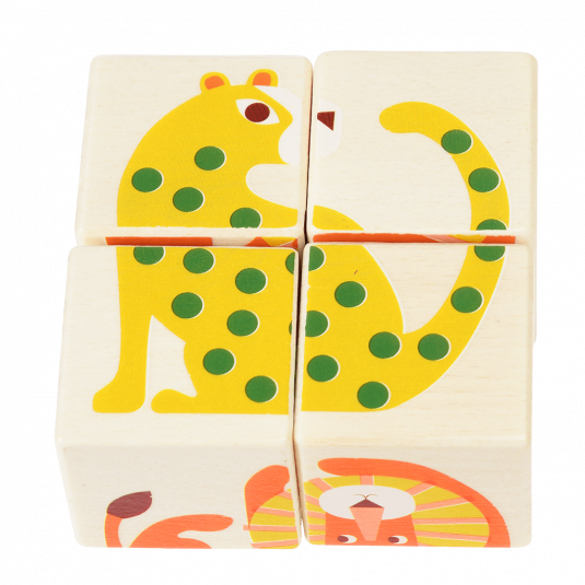 Wooden puzzle cubes for babies forming picture of leopard