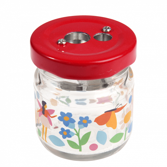Pencil sharpener with glass jar decorated with fairies, flowers and butterfly print