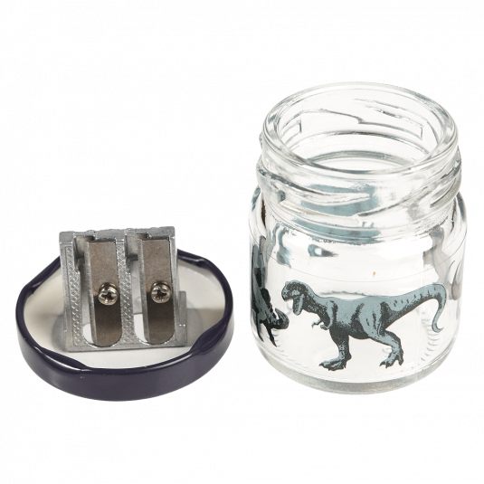 Prehistoric Land glass jar pencil sharpener with lid/sharpener removed