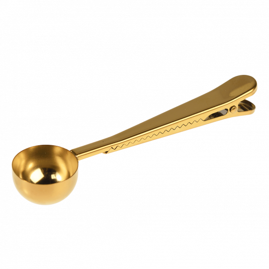 Gold coloured stainless steel coffee scoop with bag clip
