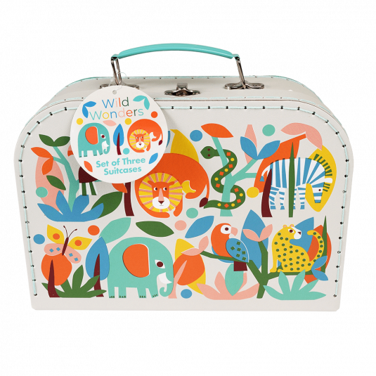 Cardboard storage case in white with colourful wild animal print and teal stitching and handle