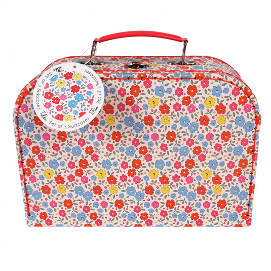 Cardboard storage case in pink with floral print and red stitching and handle