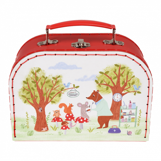 Wooden doctor's play set case in red with woodland animal surgery scene