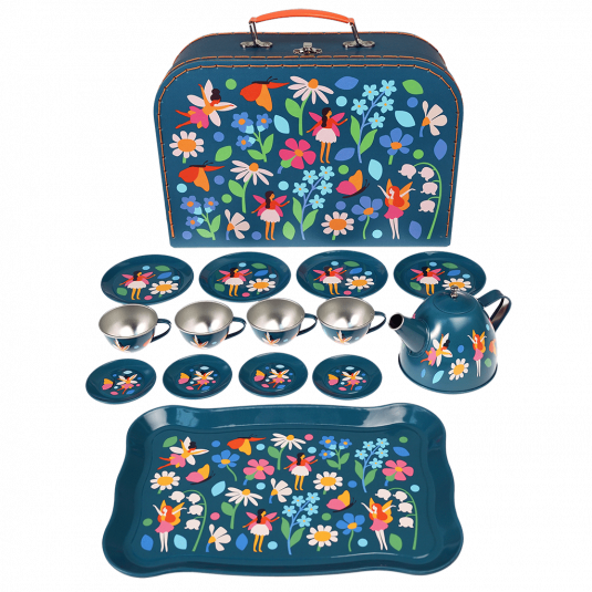Metal tea party set pieces with carrying case in dark blue