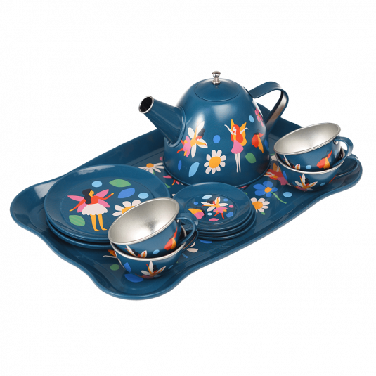 Fairies in the Garden tea party set with pieces stacked on serving tray