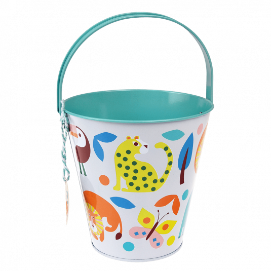 Metal bucket in white and teal with colourful print of wild animals