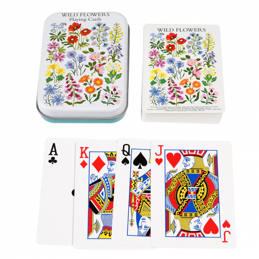 Standard deck of playing cards with print of wild flowers on white background on backs plus metal tin