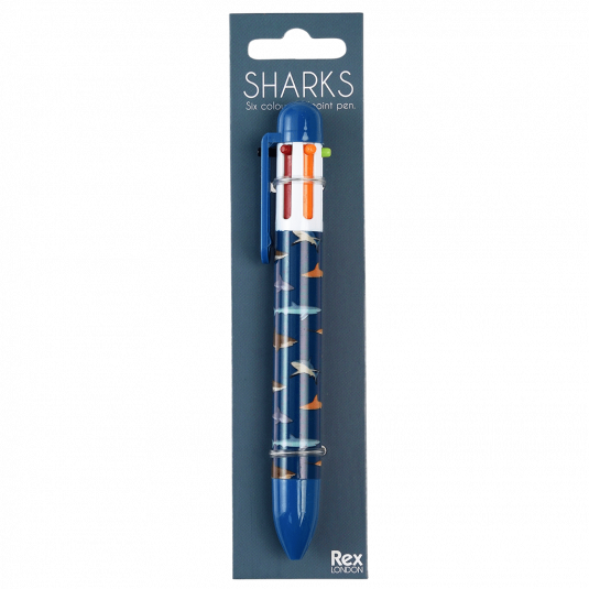 Six colour ballpoint pen with Sharks print in packaging