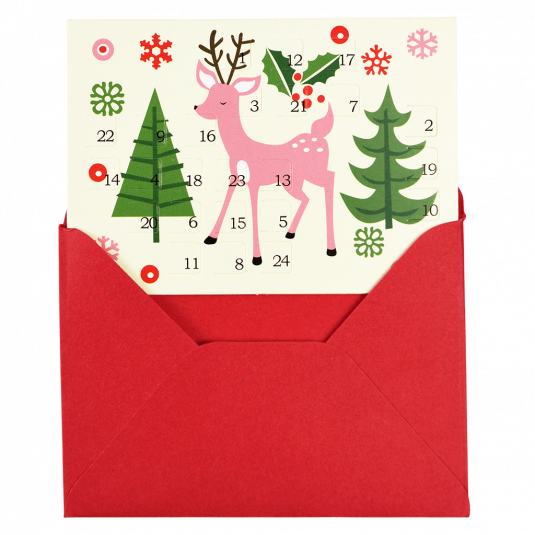 50s Christmas miniature advent calendar card partially inside envelope