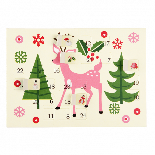 50s Christmas miniature advent calendar card with some doors opened to reveal images behind