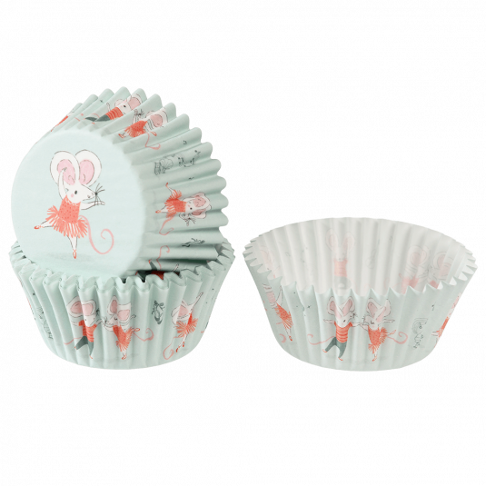 Cupcake cases in pale green with print of dancing mouse characters Mimi and Milo