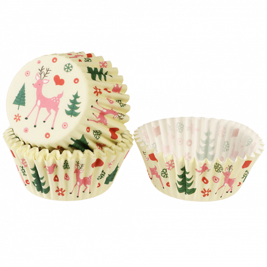 Cupcake cases in ecru with retro style 50s Christmas print