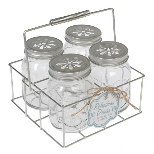 Set Of 4 Drinking Jars With Carrier