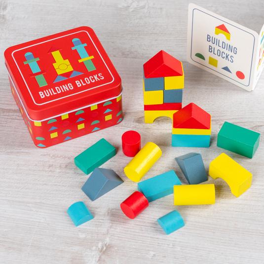 Wooden Building Blocks In A Tin