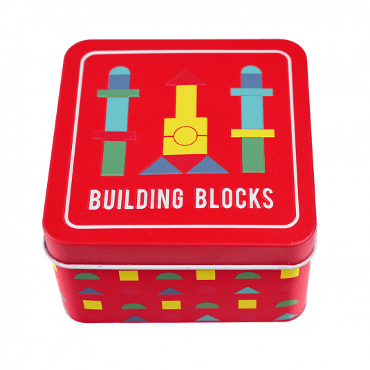 Wooden Building Blocks In A Tin