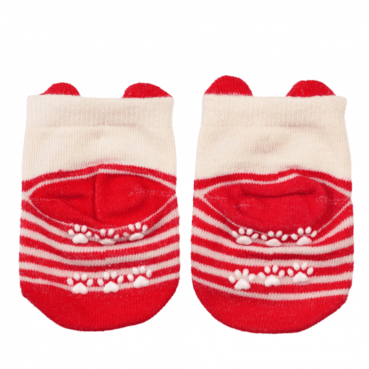 Pair of red and white striped baby socks heel side featuring paw prints