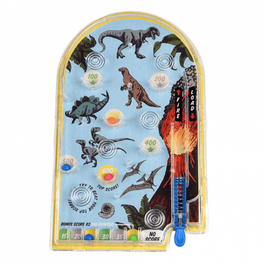Pinball game with pictures of dinosaurs on backing