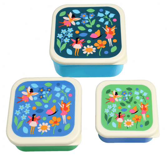 Three plastic snack boxes large medium and small featuring prints of fairies amongst flowers