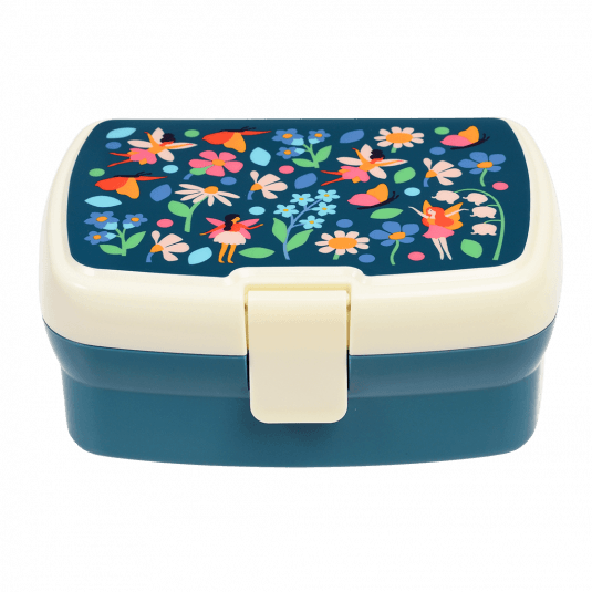 Dark blue lunch box with cream and dark blue lid featuring print of fairies amongst flowers