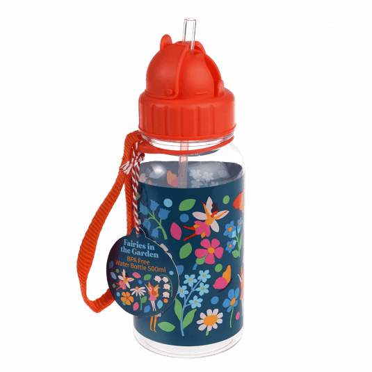 Medium size plastic water bottle for kids featuring fairies amongst flowers