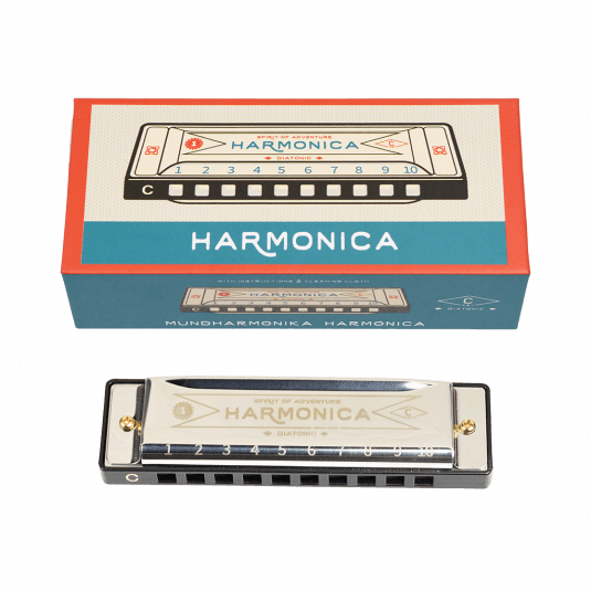 Metal and plastic harmonica and box