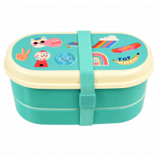 Turquoise kids bento box with cream lid and middle tray plus turquoise elastic strap featuring retro style top banana print
