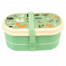 Light green kids bento box with cream lid and middle tray plus light green elastic strap featuring illustrations of cats
