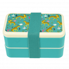 Turquoise adult bento box with cream lid and middle tray plus turquoise elastic strap featuring illustrations of cheetahs