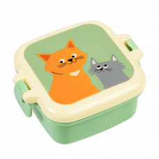 Light green plastic snack pot with cream and light green lid featuring illustrations of cats