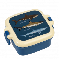 Dark blue snack pot with cream and dark blue lid featuring images of sharks