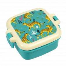 Turquoise plastic snack pot with cream and turquoise lid featuring illustrations of cheetahs