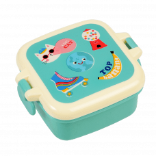 Turquoise snack pot with cream and turquoise lid featuring retro style top banana print