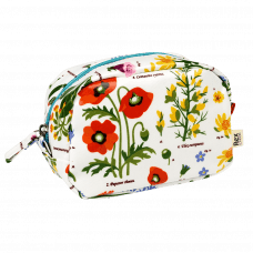 White oilcloth makeup bag with wild floral pattern