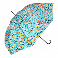 Light blue umbrella with print of butterflies amongst flowers open