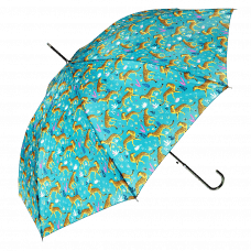 Turquoise umbrella with print of cheetahs open