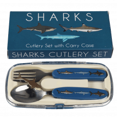 Stainless steel fork and spoon with dark blue plastic handles featuring pictures of sharks in plastic carry case