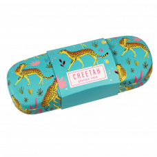 Turquoise hardshell glasses case with print of cheetahs