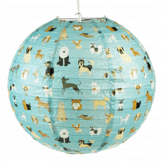 Paper lampshade with illustrations of dogs fully assembled and hung from light fitting