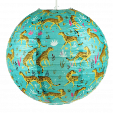Paper lampshade with illustrations of cheetahs fully assembled and hung from light fitting